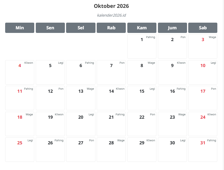 kalender oktober 2026